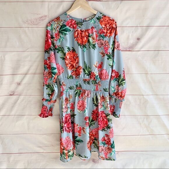 NWT Ella Moon Standard Smocked Waist Long Sleeve Blue Pink Floral Print Dress - Picture 4 of 8